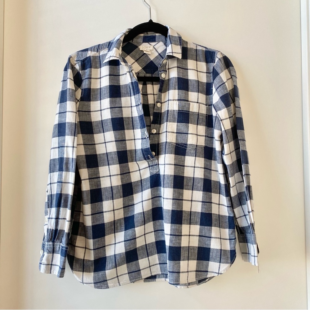 J. Crew V-Neck Popover Top Blue White Plaid 100% Cotton Size SP